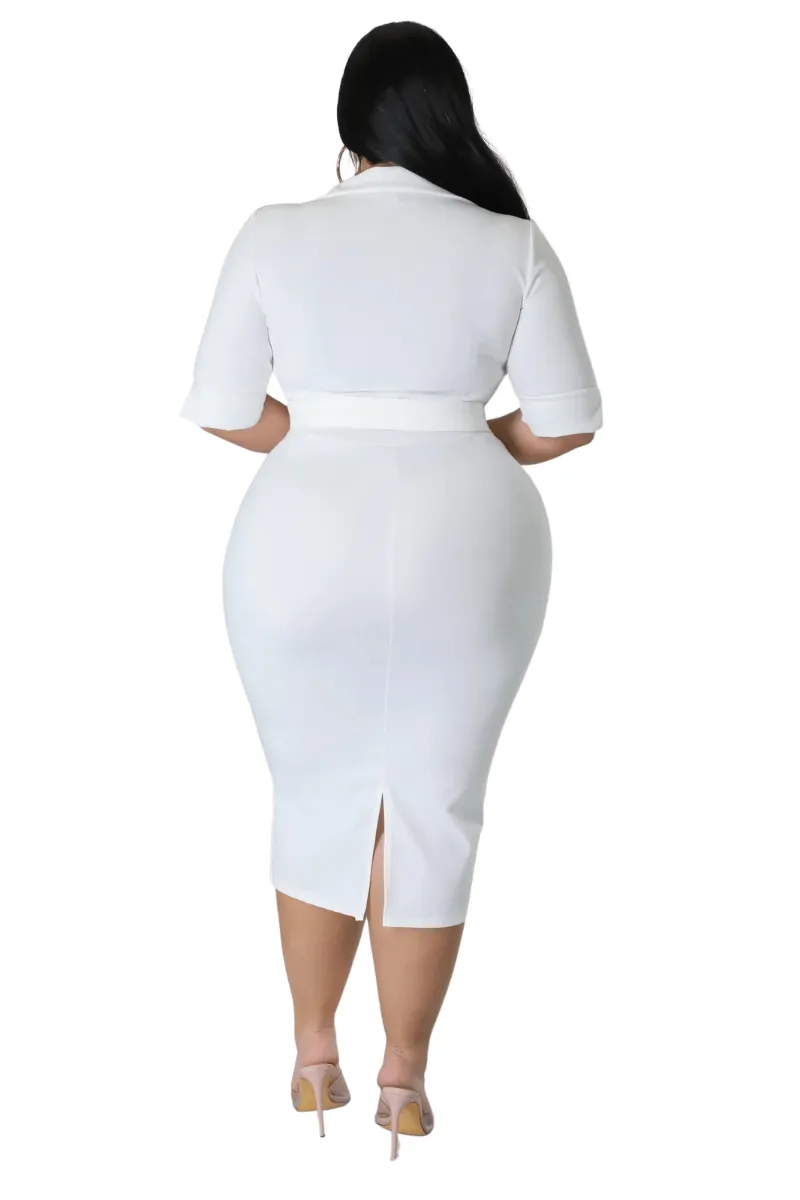 Final Sale Plus Size Collar Faux Wrap Belted BodyCon Dress in White