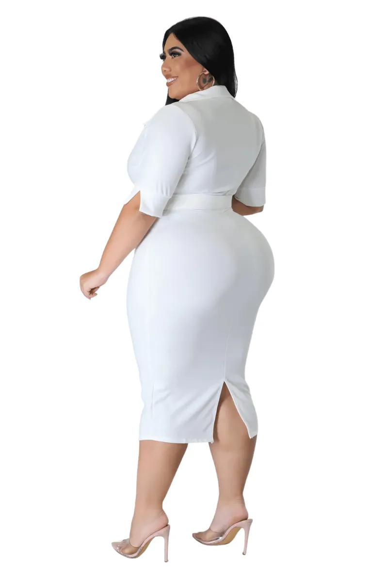 Final Sale Plus Size Collar Faux Wrap Belted BodyCon Dress in White