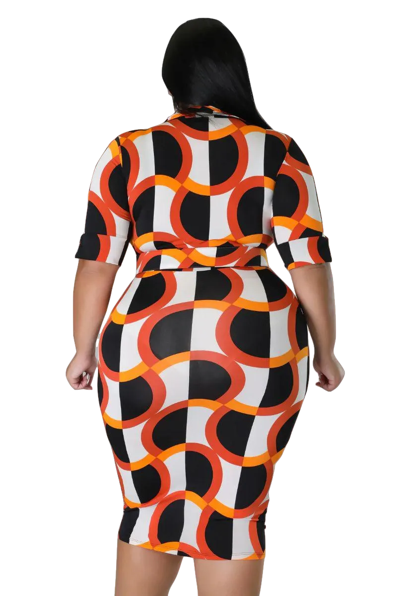 Final Sale Plus Size Collar Faux Wrap BodyCon Dress in Orange and Ivory Design Print