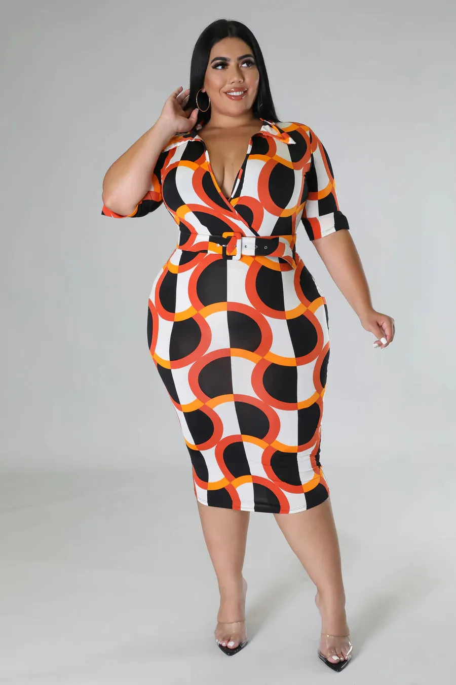 Final Sale Plus Size Collar Faux Wrap BodyCon Dress in Orange and Ivory Design Print