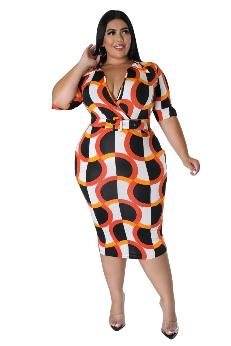 Final Sale Plus Size Collar Faux Wrap BodyCon Dress in Orange and Ivory Design Print