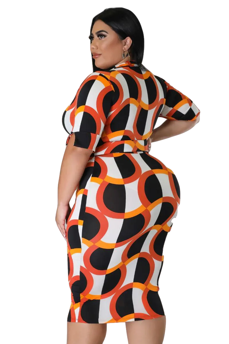 Final Sale Plus Size Collar Faux Wrap BodyCon Dress in Orange and Ivory Design Print