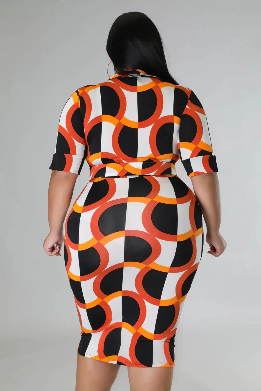 Final Sale Plus Size Collar Faux Wrap BodyCon Dress in Orange and Ivory Design Print