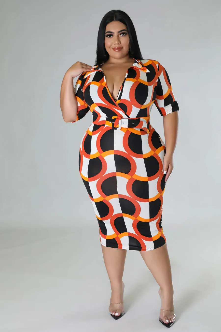 Final Sale Plus Size Collar Faux Wrap BodyCon Dress in Orange and Ivory Design Print