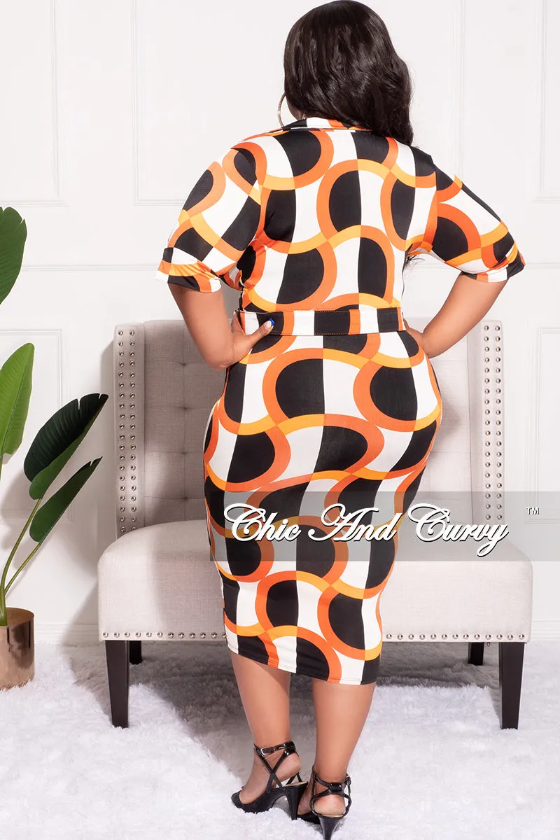 Final Sale Plus Size Collar Faux Wrap BodyCon Dress in Orange and Ivory Design Print