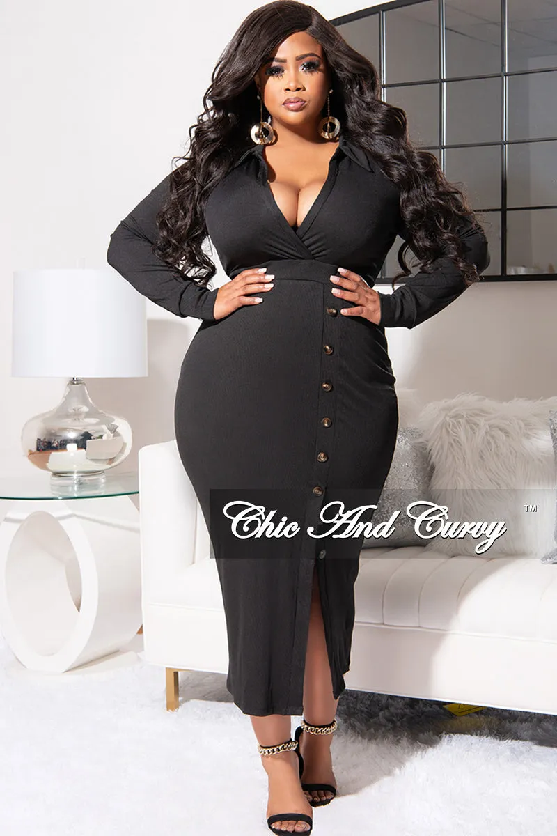 Final Sale Plus Size Collar Faux Wrap BodyCon Dress with Side Buttons in Black