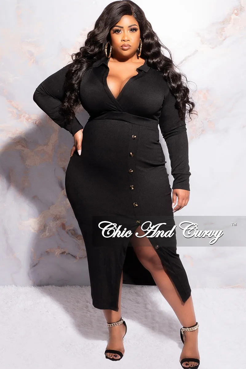 Final Sale Plus Size Collar Faux Wrap BodyCon Dress with Side Buttons in Black