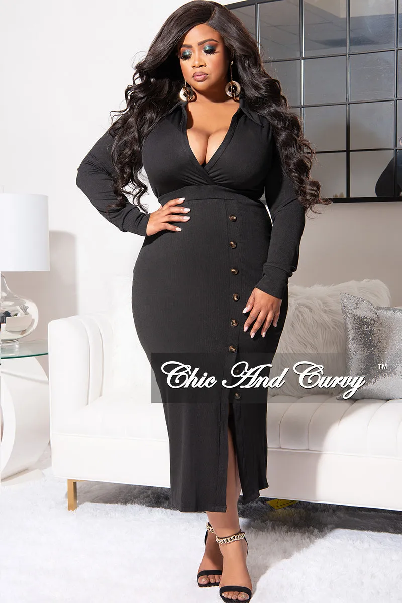 Final Sale Plus Size Collar Faux Wrap BodyCon Dress with Side Buttons in Black