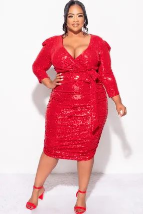 Final Sale Plus Size Confetti Dot Knit Sequin Long Sleeve Faux Wrap Sequin Ruched BodyCon Dress in Red