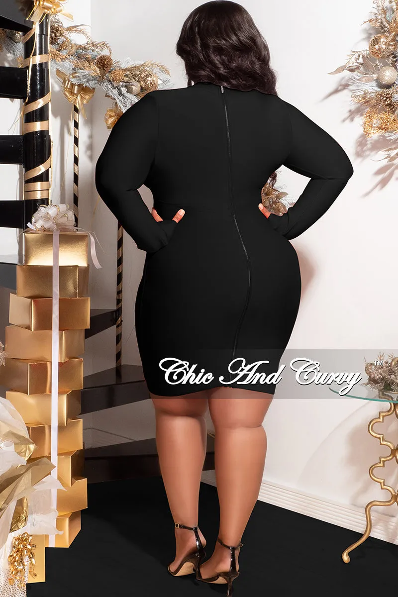 Final Sale Plus Size Deep Faux Wrap Long Sleeve Bandage BodyCon Dress with Gold Buttons in Black