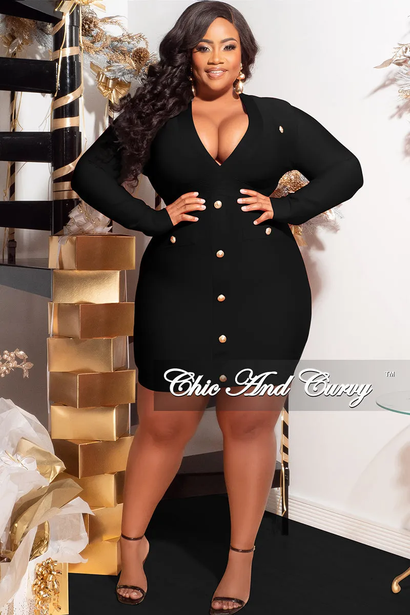 Final Sale Plus Size Deep Faux Wrap Long Sleeve Bandage BodyCon Dress with Gold Buttons in Black