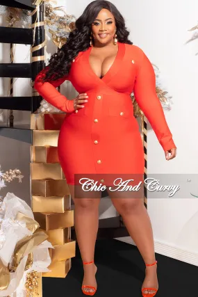 Final Sale Plus Size Deep Faux Wrap Long Sleeve Bandage BodyCon Dress with Gold Buttons in Red