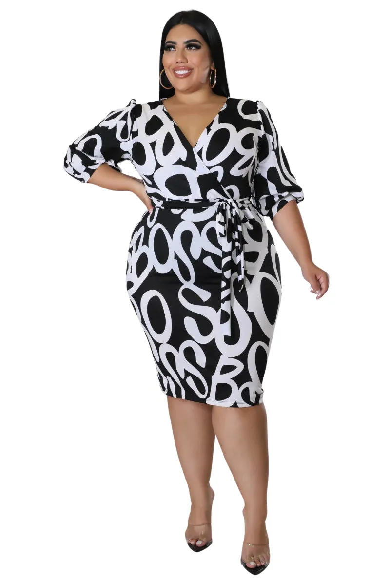 Final Sale Plus Size Faux Wrap BodyCon Dress with Waist Tie in Black and White Design Print