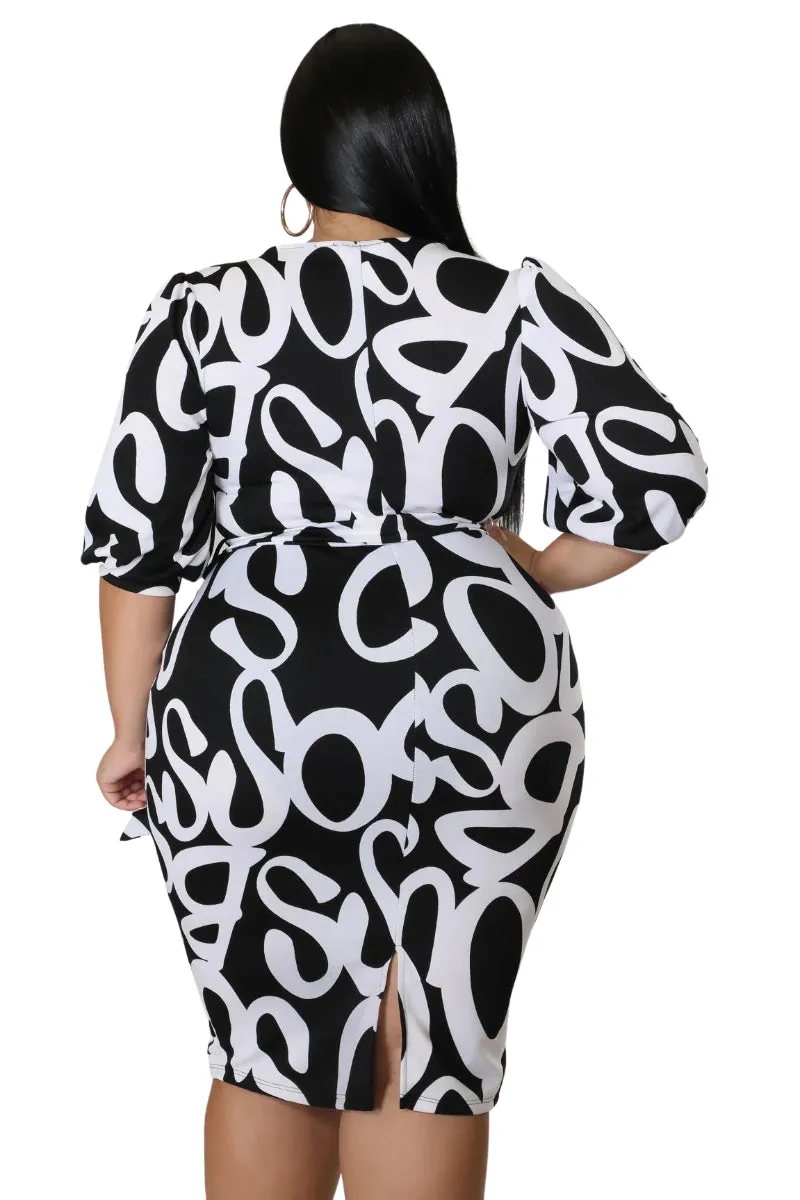 Final Sale Plus Size Faux Wrap BodyCon Dress with Waist Tie in Black and White Design Print