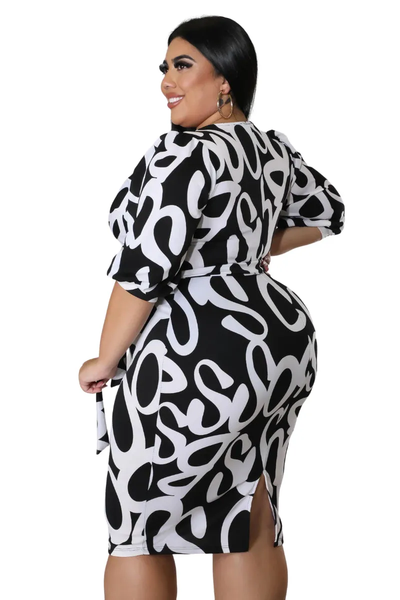 Final Sale Plus Size Faux Wrap BodyCon Dress with Waist Tie in Black and White Design Print