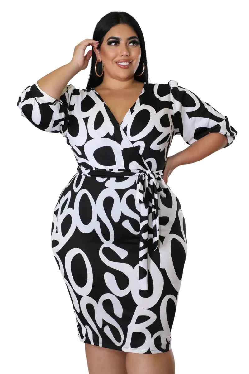 Final Sale Plus Size Faux Wrap BodyCon Dress with Waist Tie in Black and White Design Print