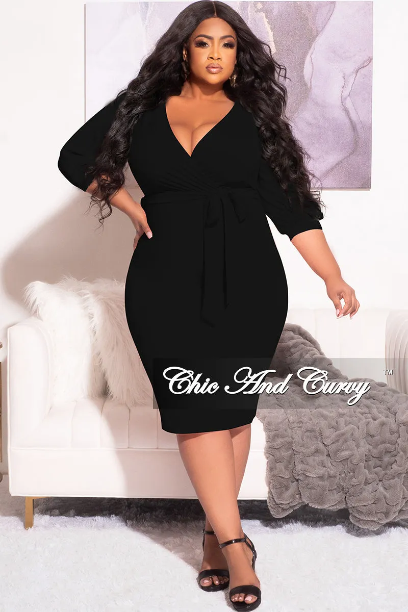 Final Sale Plus Size Faux Wrap BodyCon Dress with Waist Tie in Black