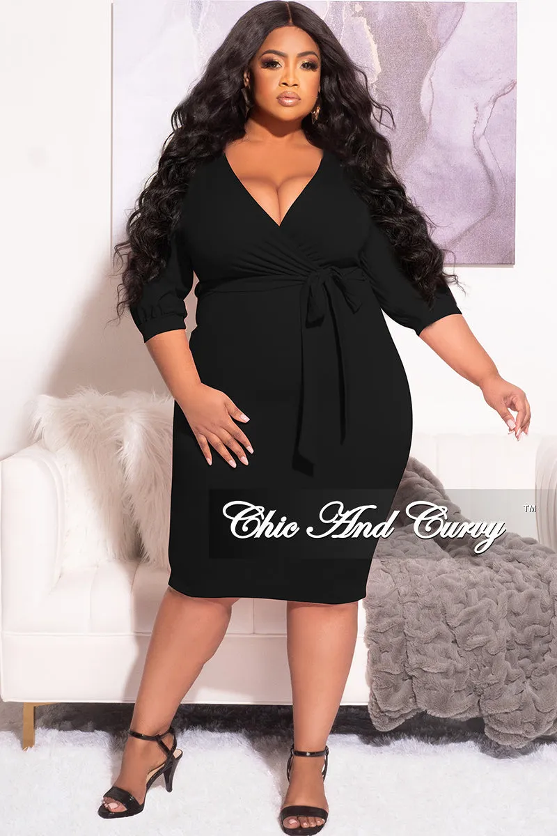 Final Sale Plus Size Faux Wrap BodyCon Dress with Waist Tie in Black