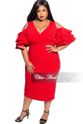 Final Sale Plus Size Faux Wrap Cold Shoulder Ruffle BodyCon Dress in Red