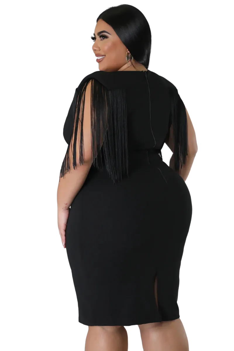 Final Sale Plus Size Faux Wrap Fringe Shoulder BodyCon Dress in Black