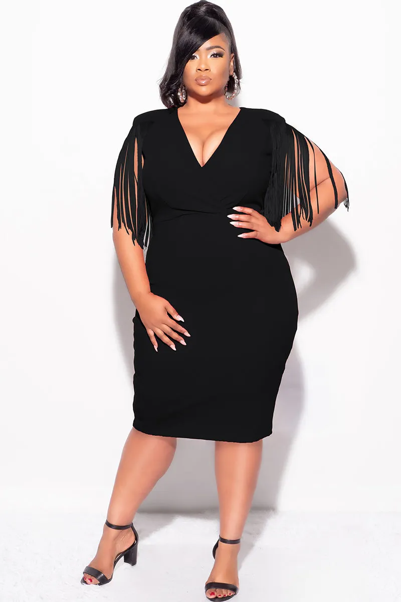 Final Sale Plus Size Faux Wrap Fringe Shoulder BodyCon Dress in Black