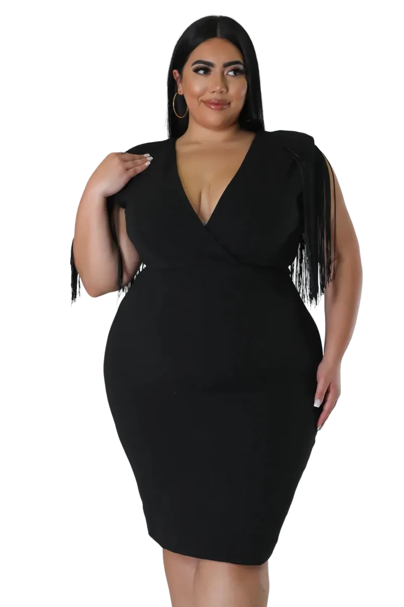 Final Sale Plus Size Faux Wrap Fringe Shoulder BodyCon Dress in Black