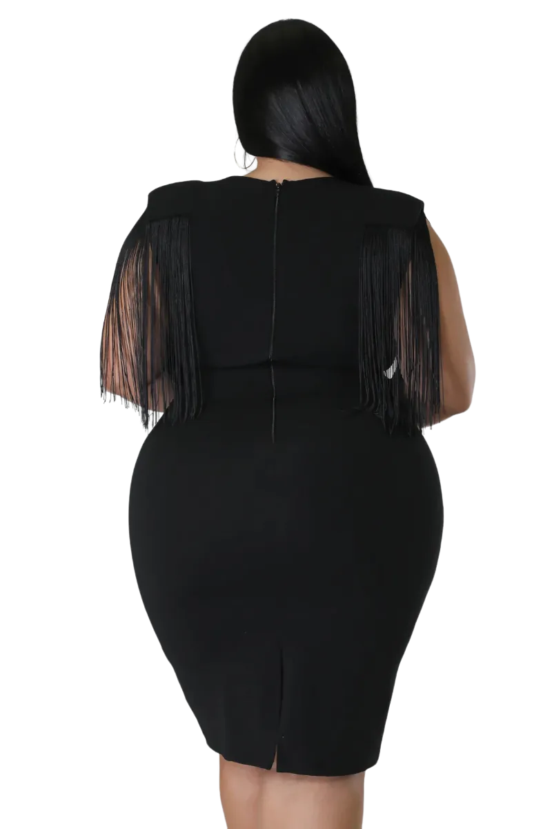 Final Sale Plus Size Faux Wrap Fringe Shoulder BodyCon Dress in Black