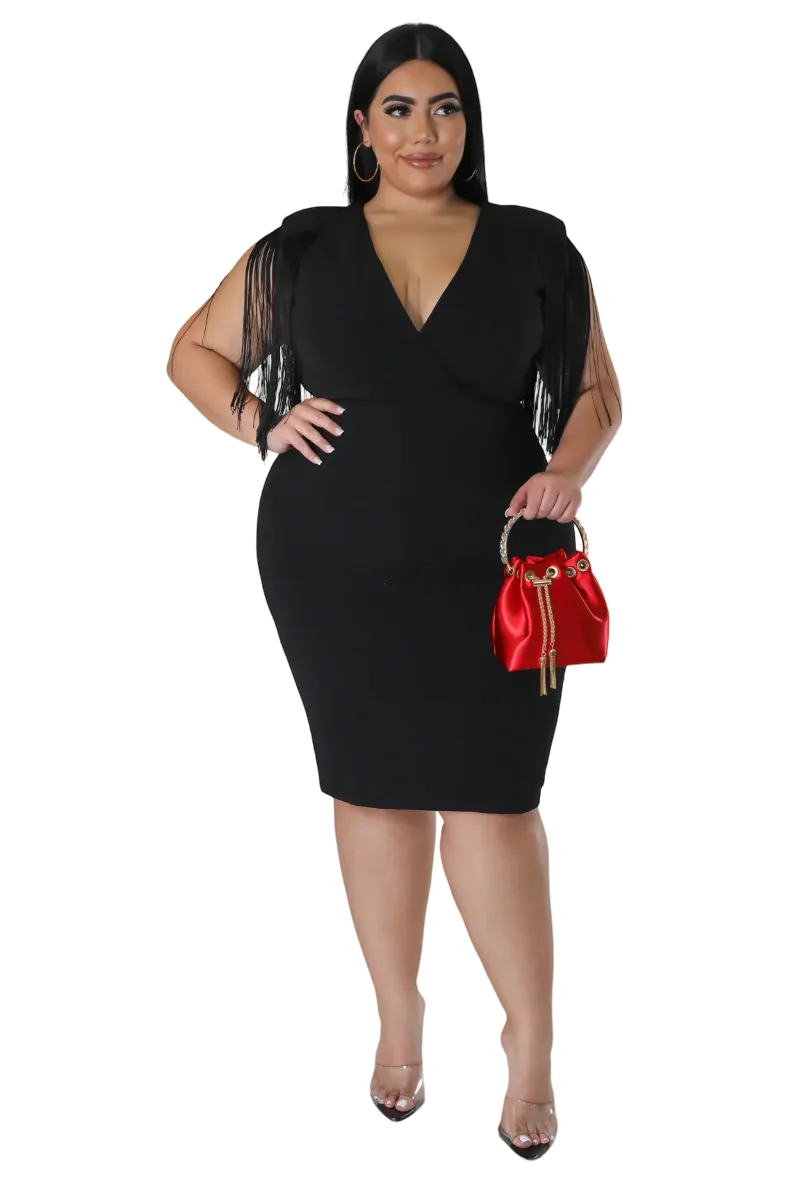 Final Sale Plus Size Faux Wrap Fringe Shoulder BodyCon Dress in Black