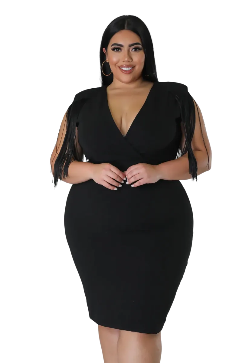 Final Sale Plus Size Faux Wrap Fringe Shoulder BodyCon Dress in Black