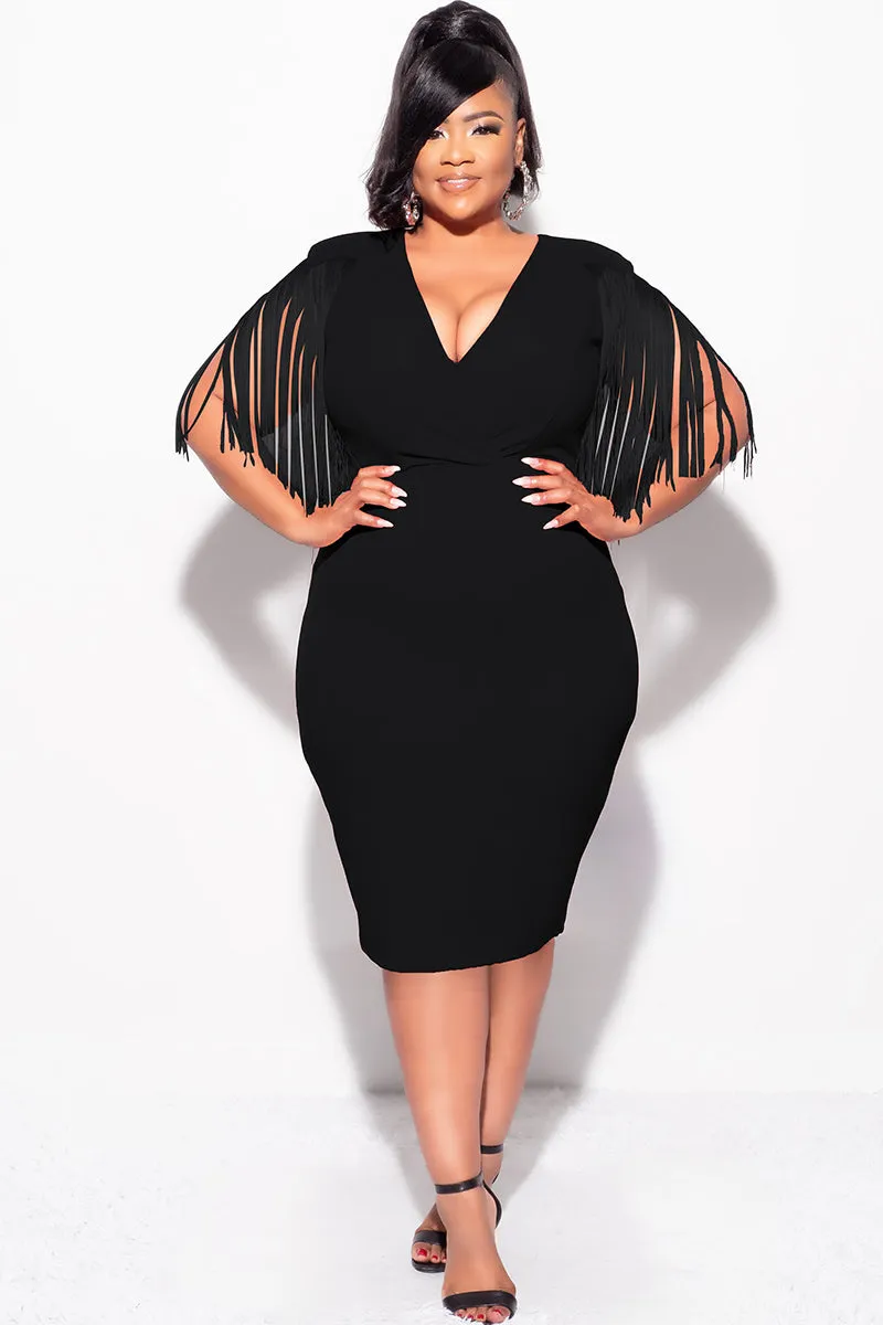 Final Sale Plus Size Faux Wrap Fringe Shoulder BodyCon Dress in Black