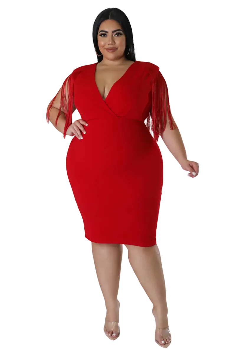 Final Sale Plus Size Faux Wrap Fringe Shoulder BodyCon Dress in Red