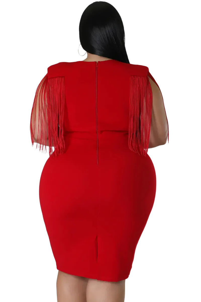 Final Sale Plus Size Faux Wrap Fringe Shoulder BodyCon Dress in Red