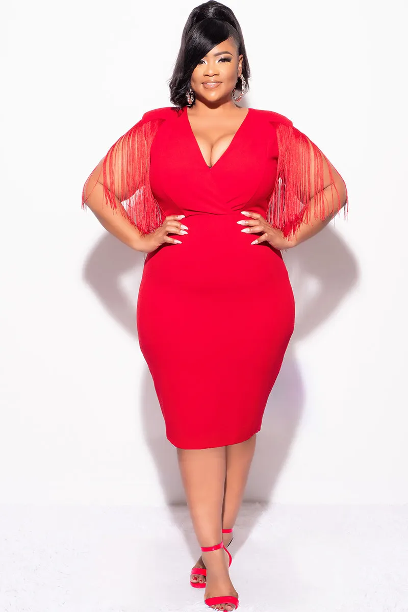 Final Sale Plus Size Faux Wrap Fringe Shoulder BodyCon Dress in Red