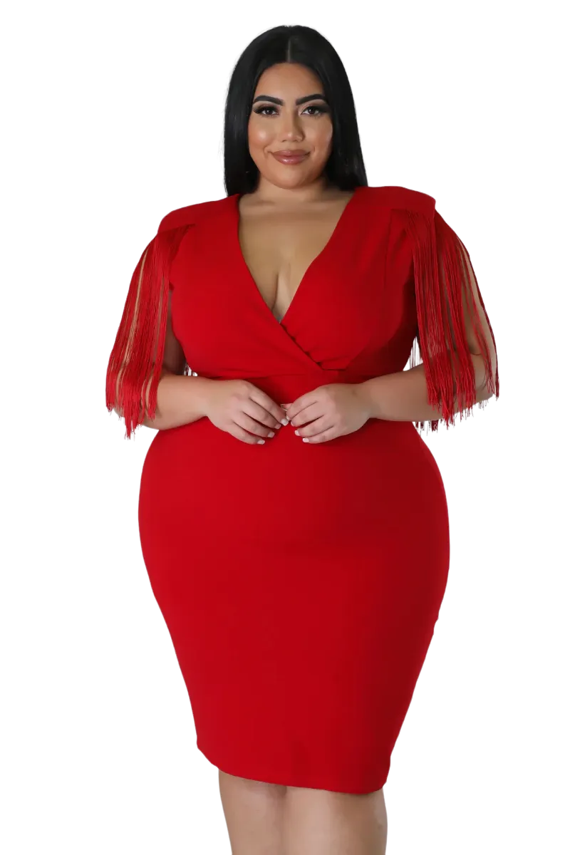 Final Sale Plus Size Faux Wrap Fringe Shoulder BodyCon Dress in Red