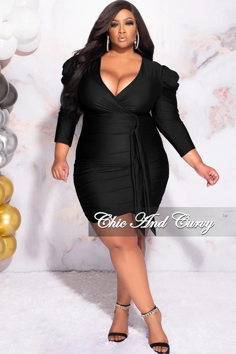 Final Sale Plus Size Faux Wrap Puffy Sleeve BodyCon Dress in Black