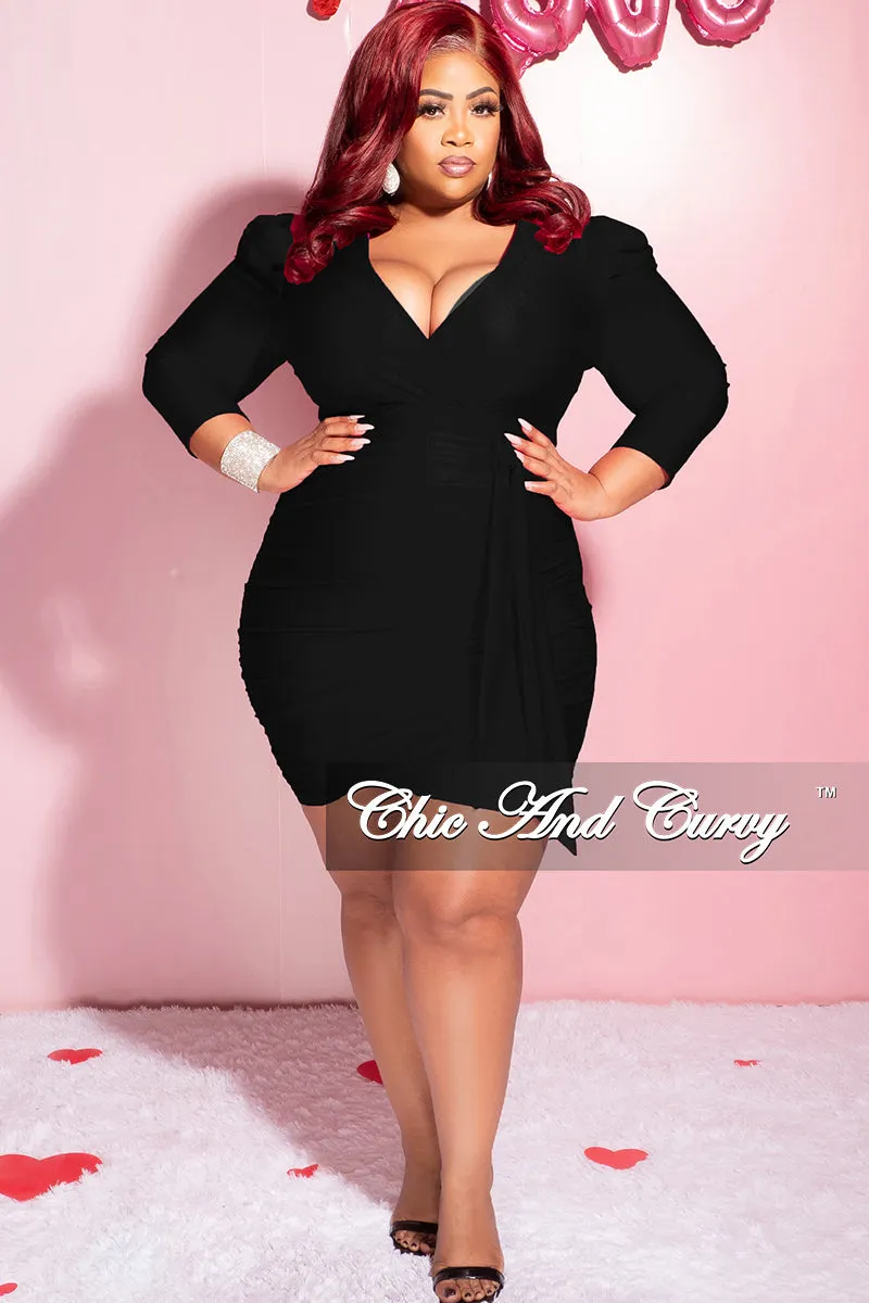 Final Sale Plus Size Faux Wrap Puffy Sleeve BodyCon Dress in Black