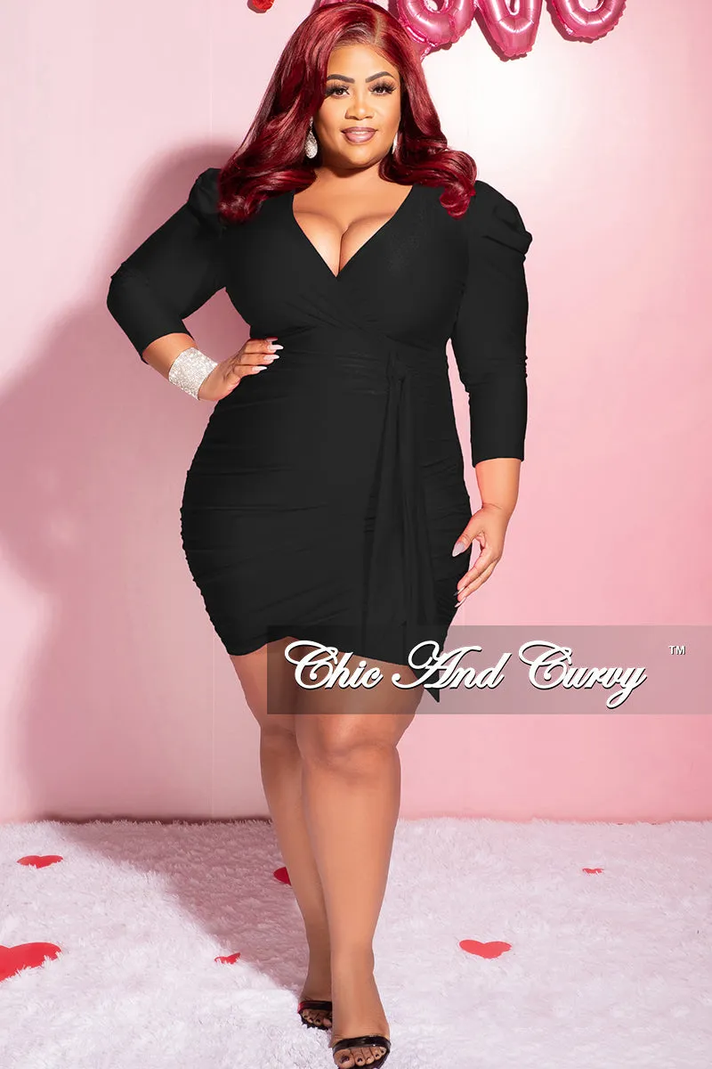 Final Sale Plus Size Faux Wrap Puffy Sleeve BodyCon Dress in Black