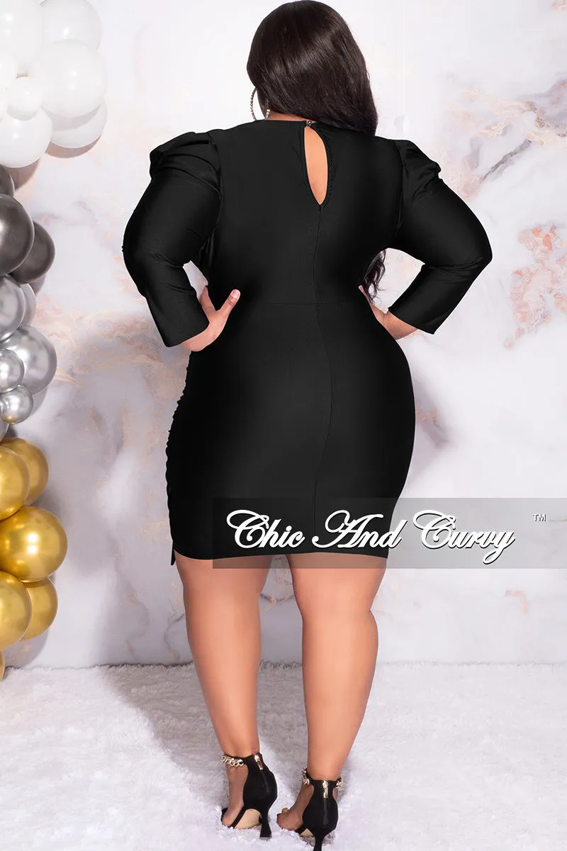 Final Sale Plus Size Faux Wrap Puffy Sleeve BodyCon Dress in Black