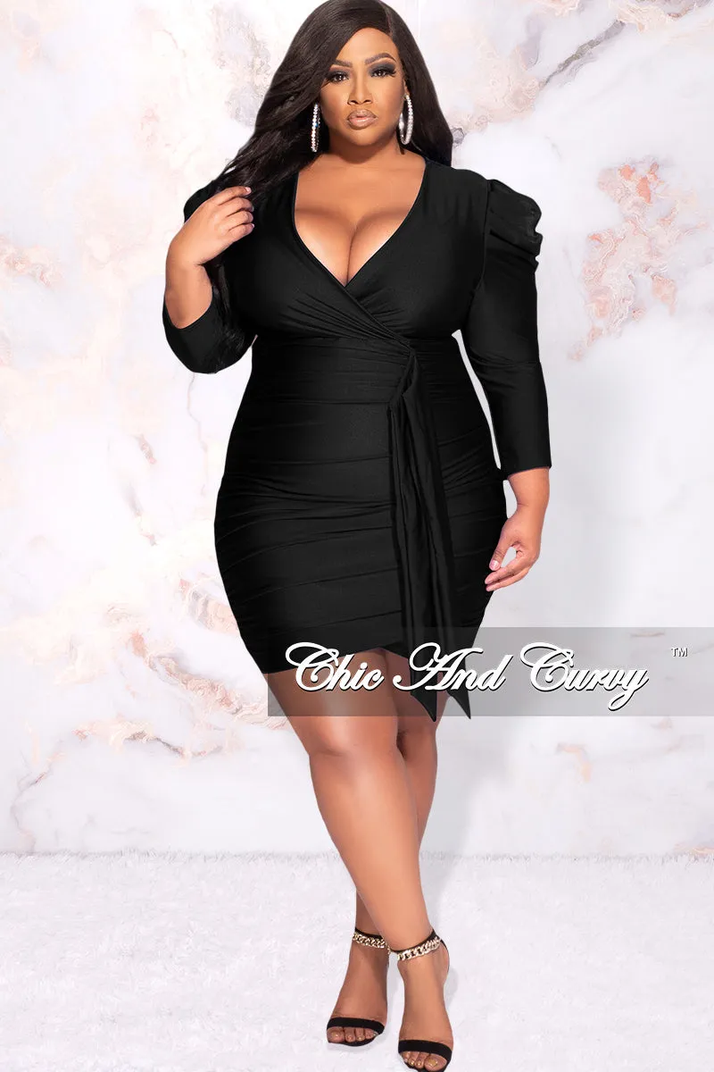 Final Sale Plus Size Faux Wrap Puffy Sleeve BodyCon Dress in Black