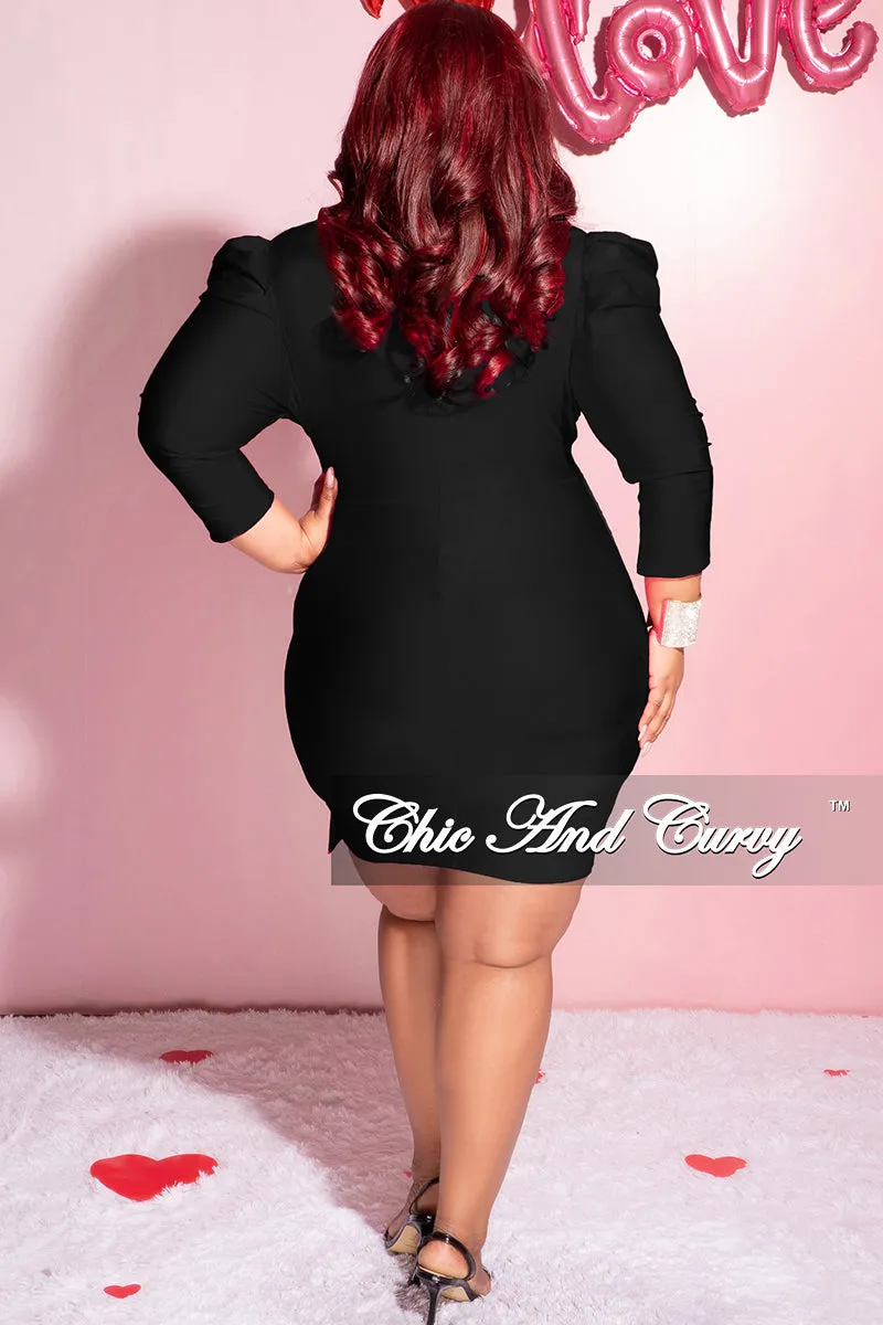 Final Sale Plus Size Faux Wrap Puffy Sleeve BodyCon Dress in Black