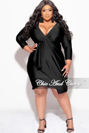 Final Sale Plus Size Faux Wrap Puffy Sleeve BodyCon Overlay Tulip Dress in Black