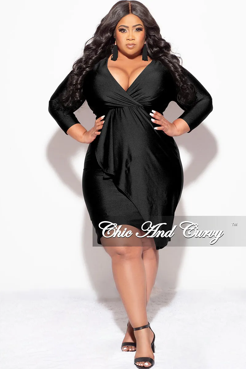 Final Sale Plus Size Faux Wrap Puffy Sleeve BodyCon Overlay Tulip Dress in Black