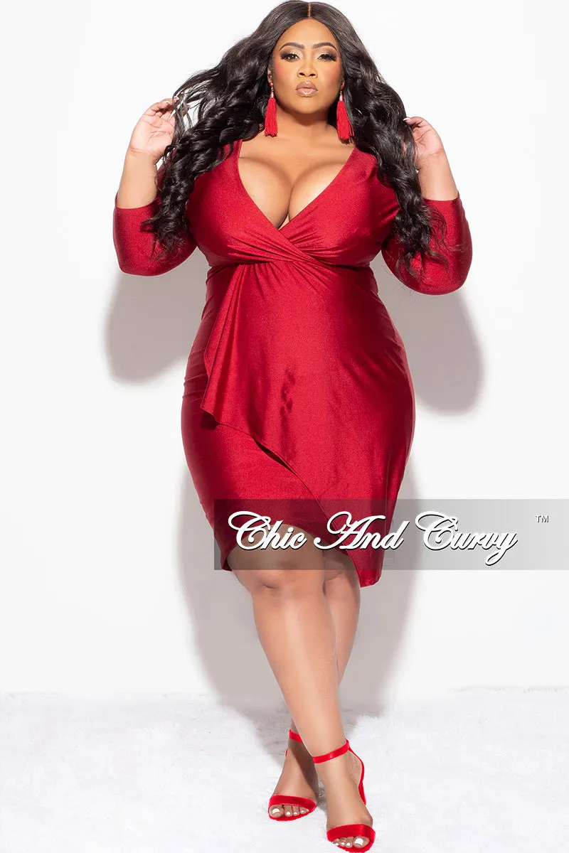 Final Sale Plus Size Faux Wrap Puffy Sleeve BodyCon Overlay Tulip Dress in Wine