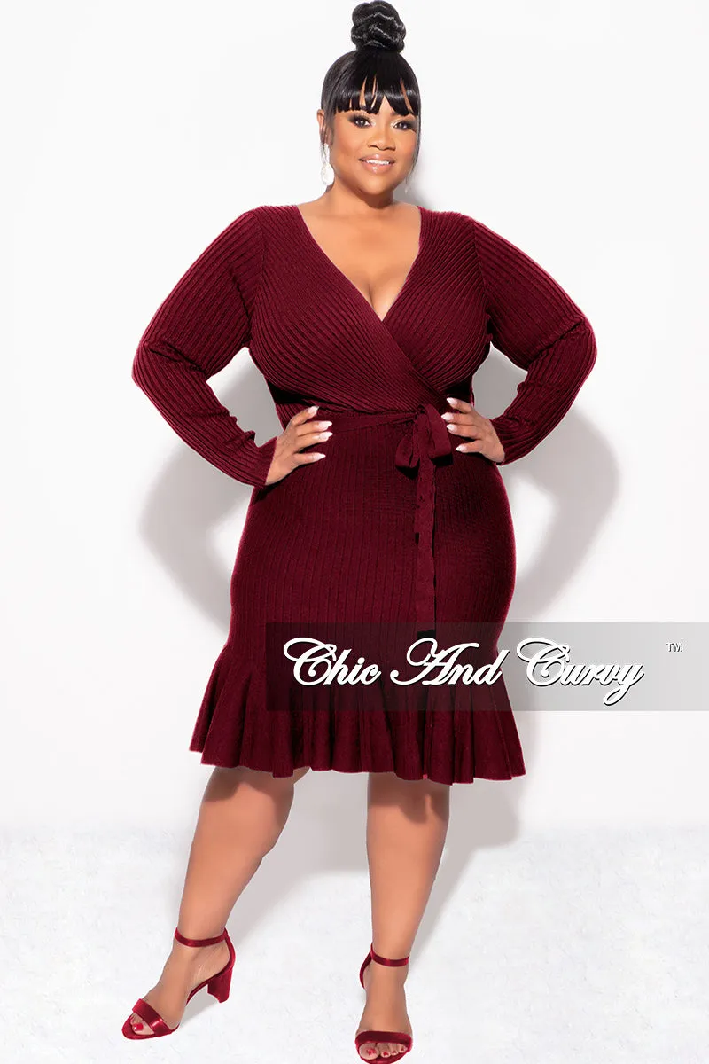 Final Sale Plus Size Faux Wrap Ribbed BodyCon Dress with Waist Tie and Bottom Ruffle in Burgundy