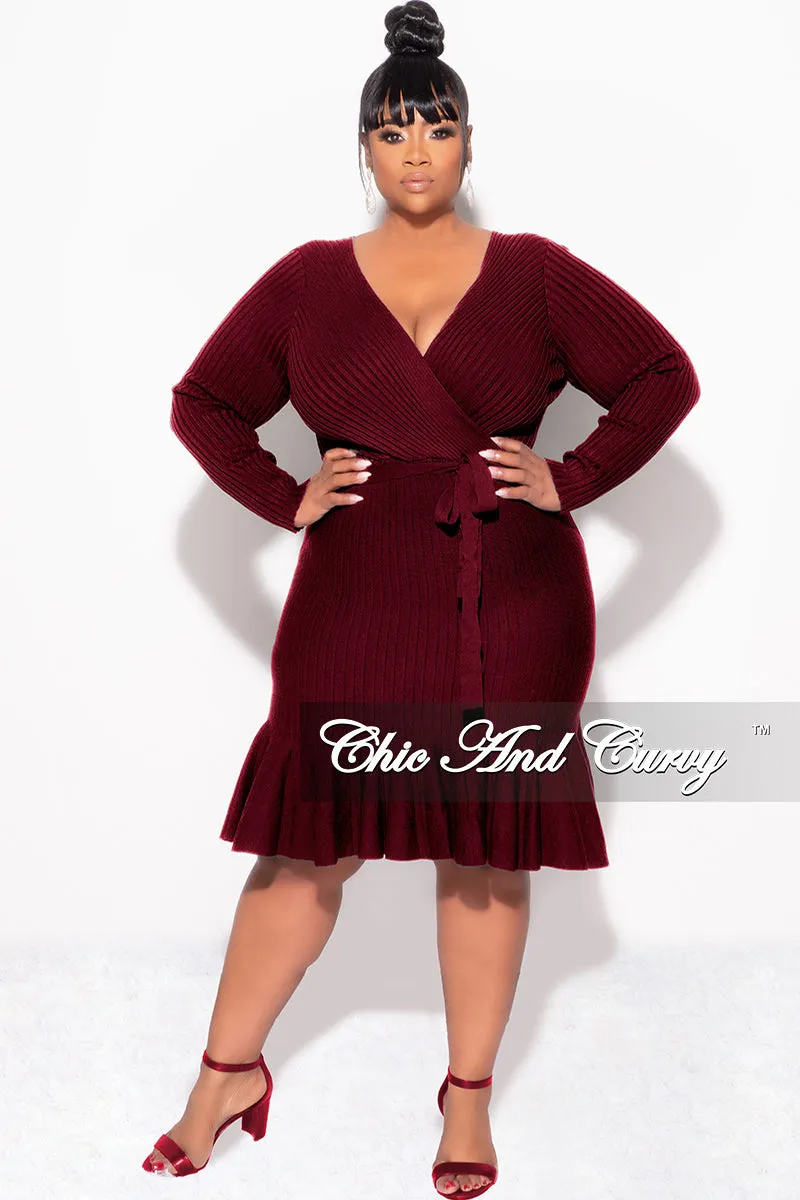 Final Sale Plus Size Faux Wrap Ribbed BodyCon Dress with Waist Tie and Bottom Ruffle in Burgundy