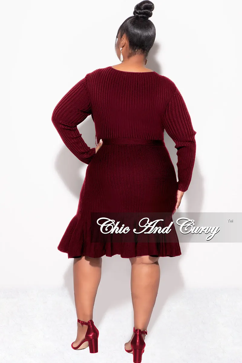 Final Sale Plus Size Faux Wrap Ribbed BodyCon Dress with Waist Tie and Bottom Ruffle in Burgundy