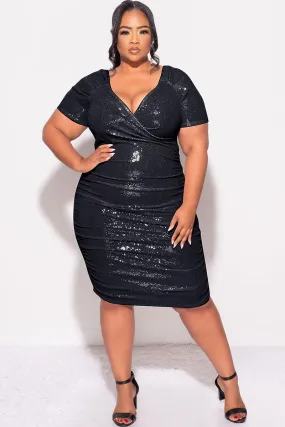 Final Sale Plus Size Off The Shoulder Faux Wrap Confetti Dot Knit Sequin BodyCon Dress in Black