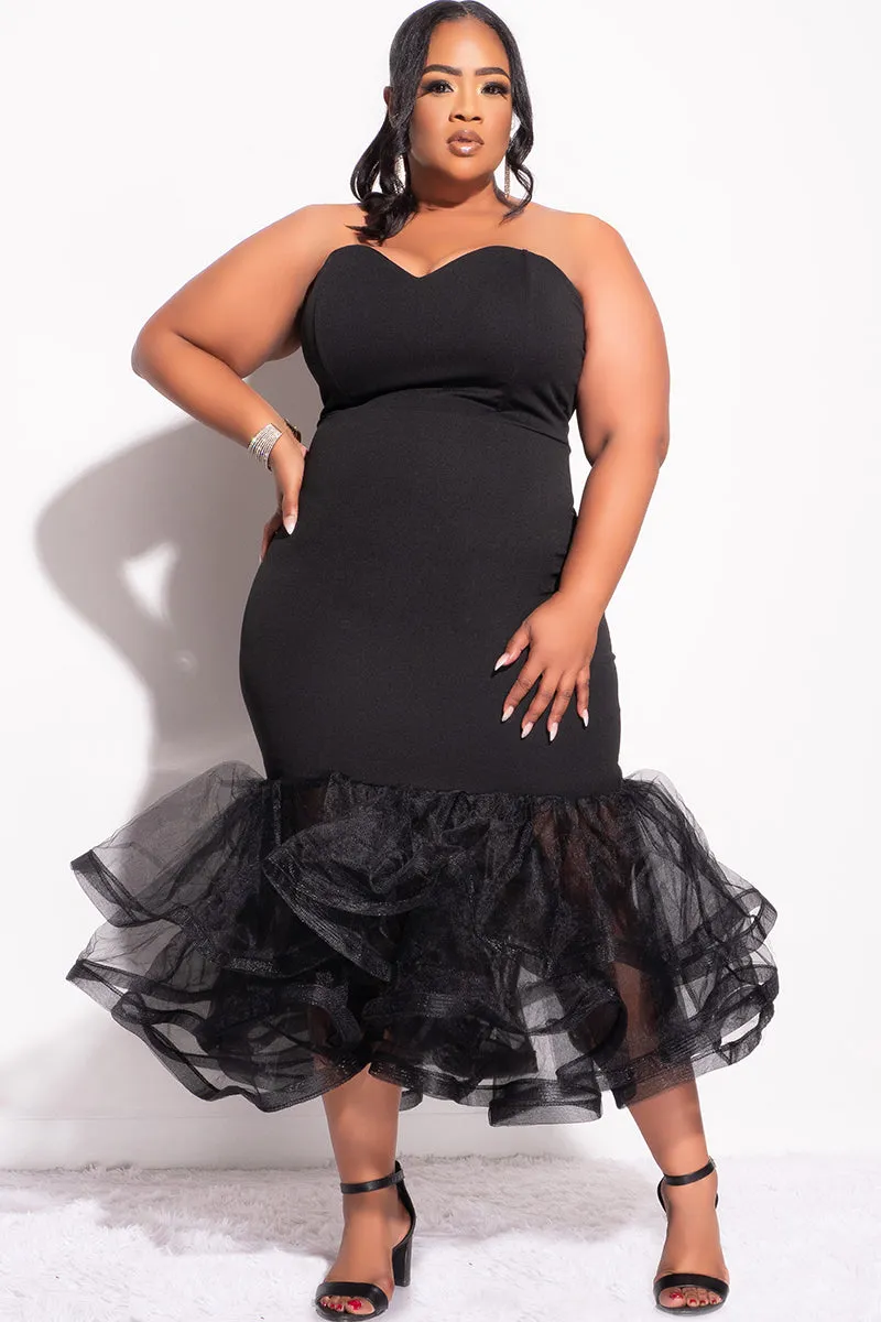 Final Sale Plus Sweetheart BodyCon Dress with Tulle Bottom in Black