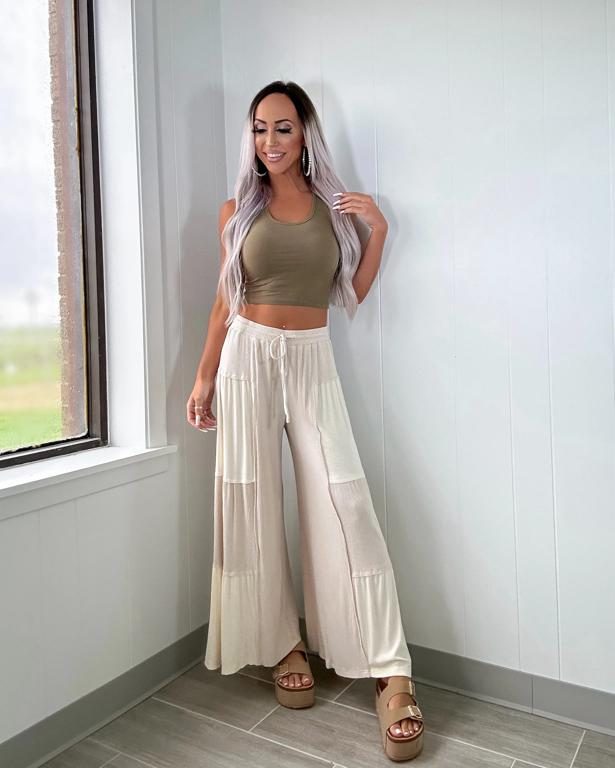 Flirty Feeling Colorblock Pants - Sand Beige