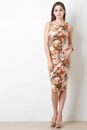 Floral Faux Suede Sleeveless Midi Dress